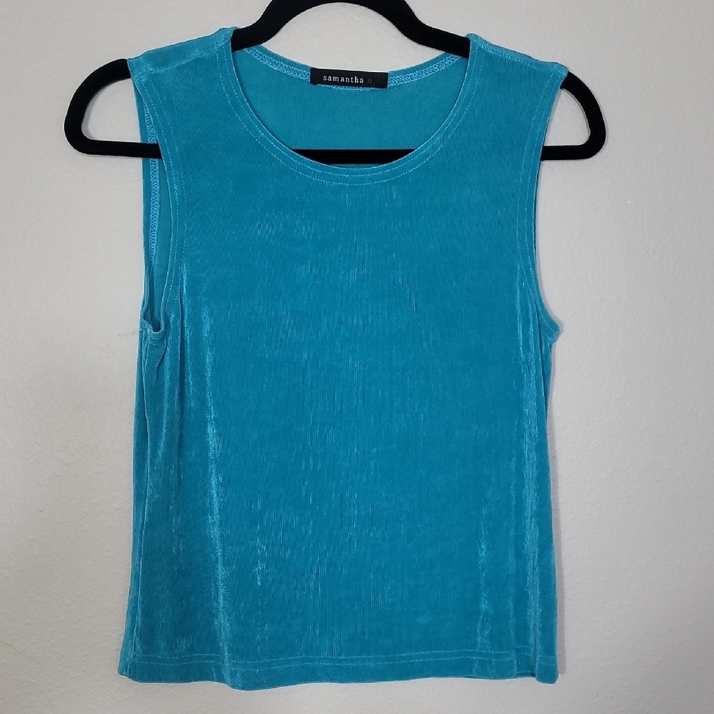 Y2K Samantha O Women’s Slinky Tank Top Size M Teal Blue Acetate Office Classic